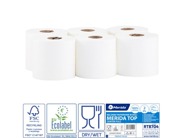 Ręczniki papierowe w roli MERIDA TOP CENTER PULL MINI, białe, średnica 17 cm, długość 130 m, dwuwarstwowe, zgrzewka 6 rolek